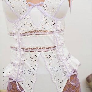 For Love & Lemons White and Lavender Eyelet Lace Bustier